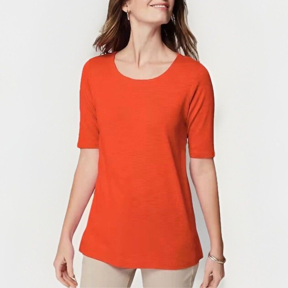 J.Jill Pima-Slub Scoop-Neck Side-Slit Tee Size Large Orange Peel Relaxed Casual